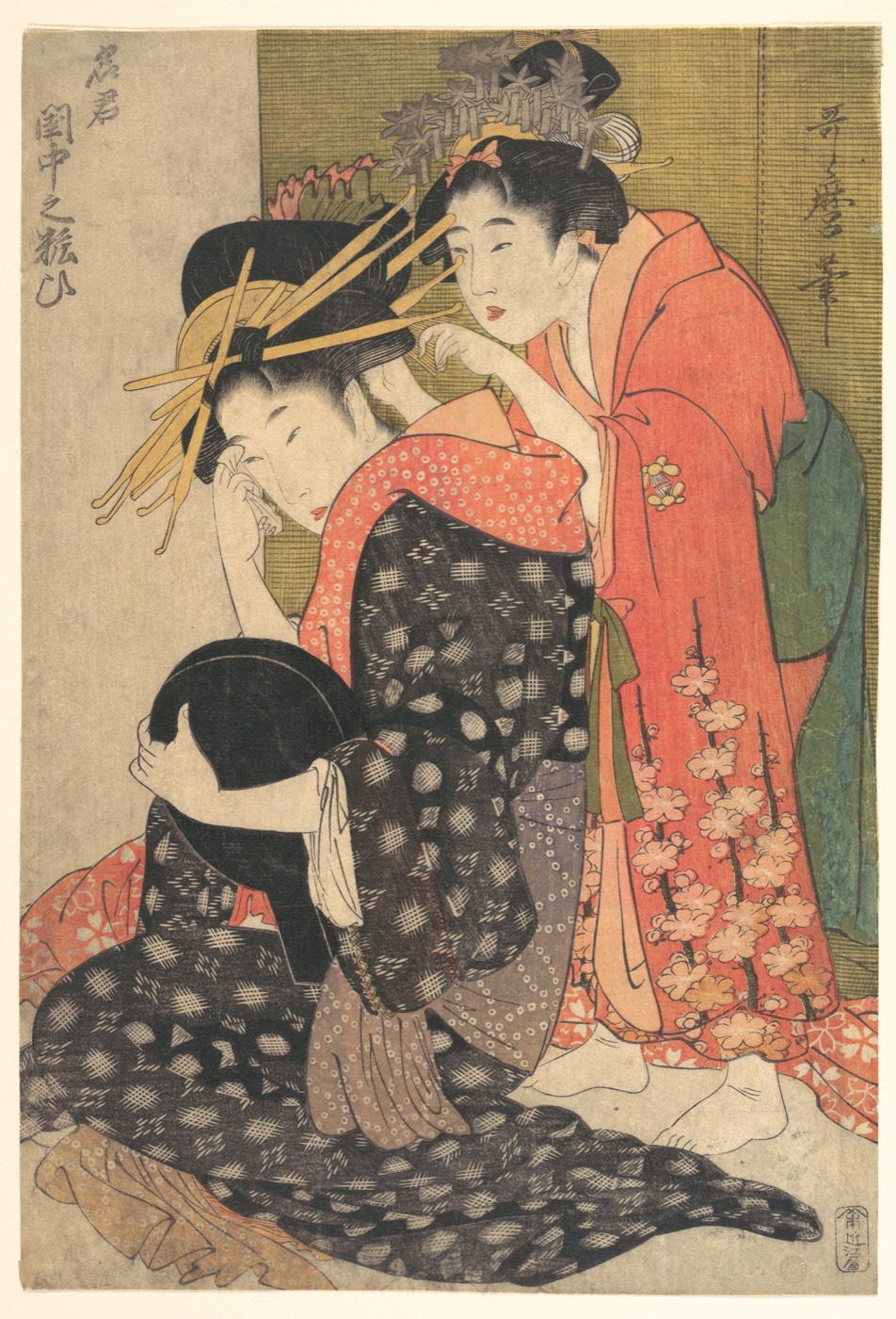 鏡台の前で化粧をする遊女を描いた錦絵